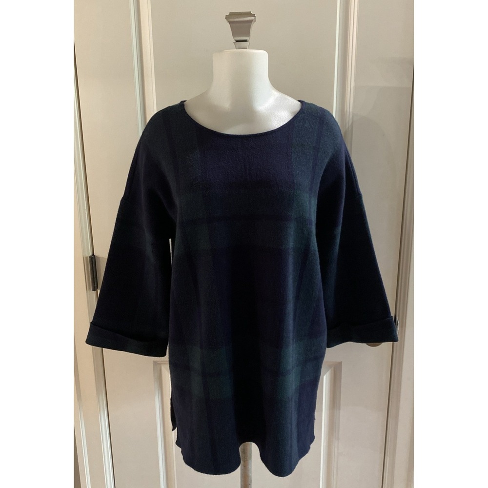 Tahari Plaid Tartan Navy Green Size 1X Pullover Sweater‎ Cuffed 3/4 Sleeves